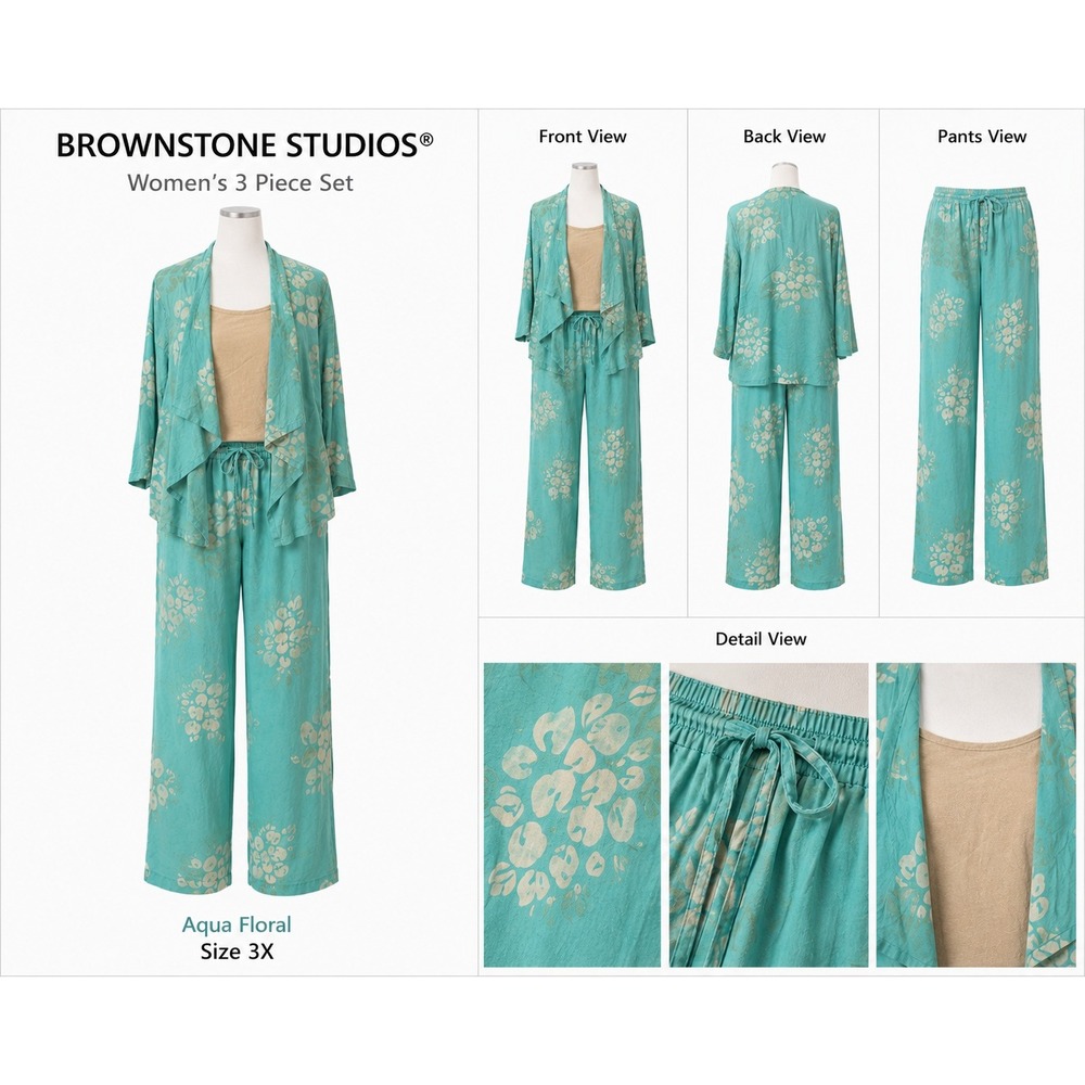 Brownstone Studio Womens 3 Piece Set Aqua Floral Cardigan Tank Pants 3X Rayon